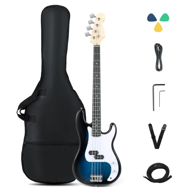 Front. Costway - Costway 45.5" Electric Bass Guitar with Double Pickups, Open-gear Tuning, Gig Bag, Rope - Blue + White.