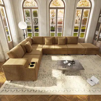 Anysun - 110.2" L-Shaped Convertible Corduroy Sectional Sofa Set with Removable Ottoman, Hidden Storage, USB Ports & Cup Holders