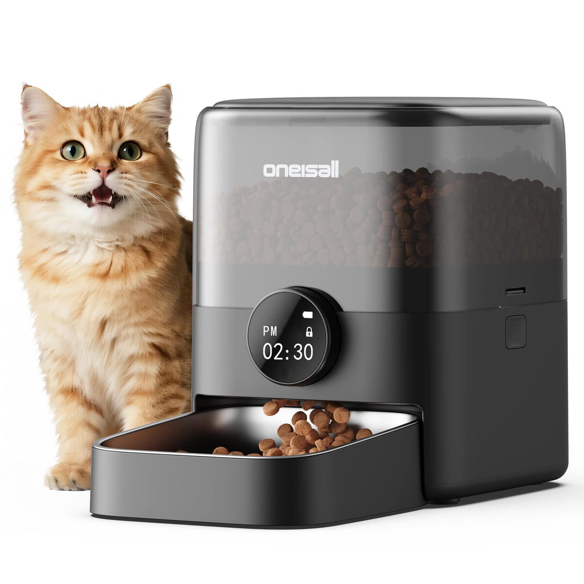 Oneisall - 3L Automatic Cat Feeder: Stainless Steel Bowl, BPA-Free, Dual Power, Programmable for Cats & Small Dogs - Black