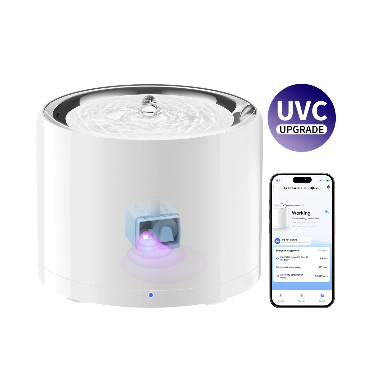 Petkit - Eversweet 3 Pro Bluetooth Stainless Water Fountain with Wireless Pump+UVC, Ultra Quiet for Cats and Dogs - White