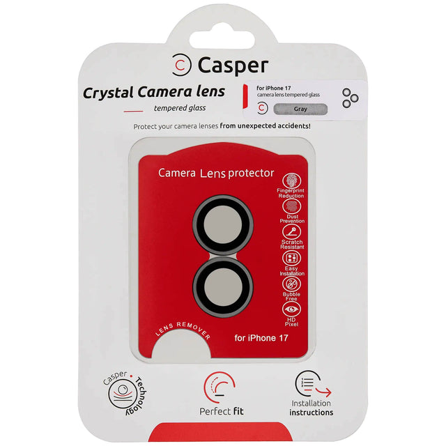 Casper  
Crystal Camera lens  
tempered glass  

For iPhone 17  
camera lens tempered glass  
Gray  

Protect your camera lenses from unexpected accidents!  

Camera Lens protector  
Fingerprint Reduction  
Dust Prevention  
Scratch Resistant  
Easy Installation  
Bubble Free  
HD Pixel  

for iPhone 17  

Perfect fit  
Installation instructions  

Casper Technology