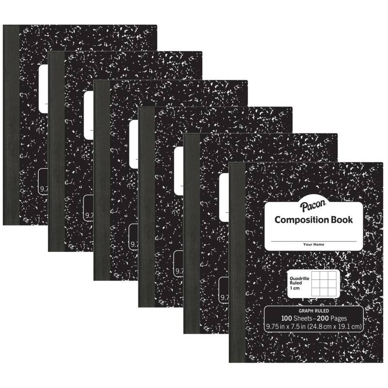 Pacon - Composition Book, Black Marble, 1 cm Quadrille Ruled 9-3/4" x 7-1/2", 100 Sheets, Pack of 6