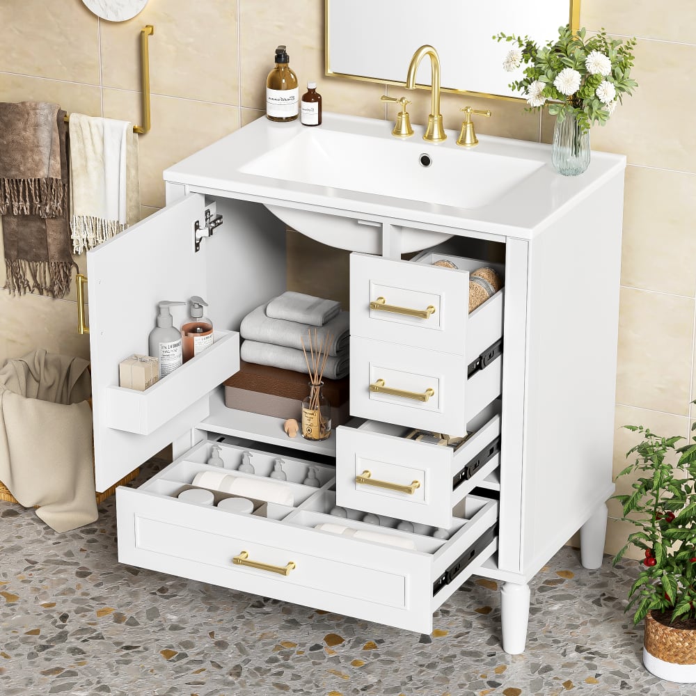 JUJABU - 30" Bathroom Vanity with Ceramic Sink, Soft-Close Door with Built-in Shelf for Bathroom - White