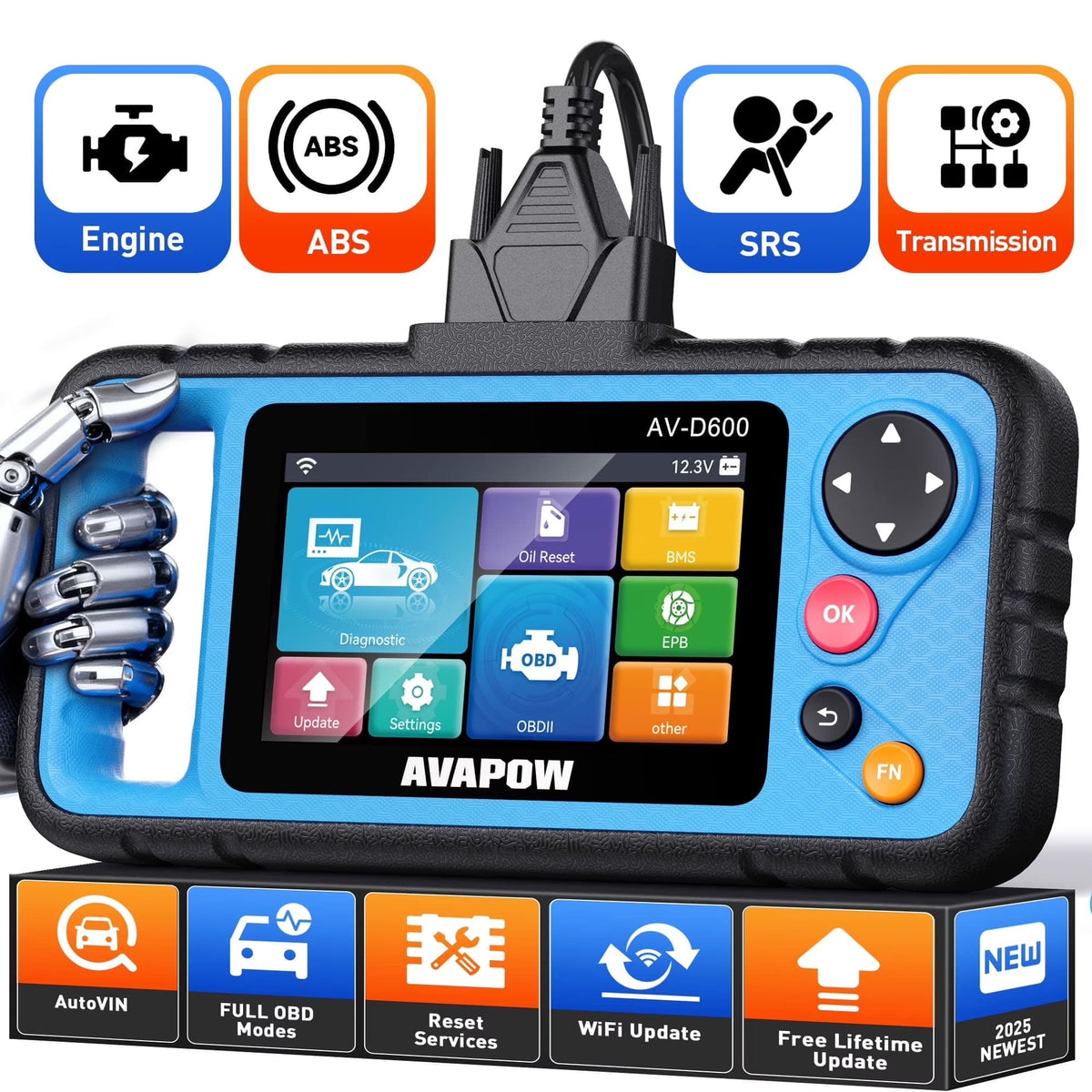 AVAPOW - 4-System OBD2 Scanner with Oil EPB BMS Reset and AutoVIN - Blue