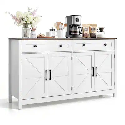 VEVOR - Coffee Bar Cabinet, Farmhouse Coffee Bar Table with 2 Drawers, Buffet Stand Cabinet with 4 Barn Doors, Sideboard Buffet