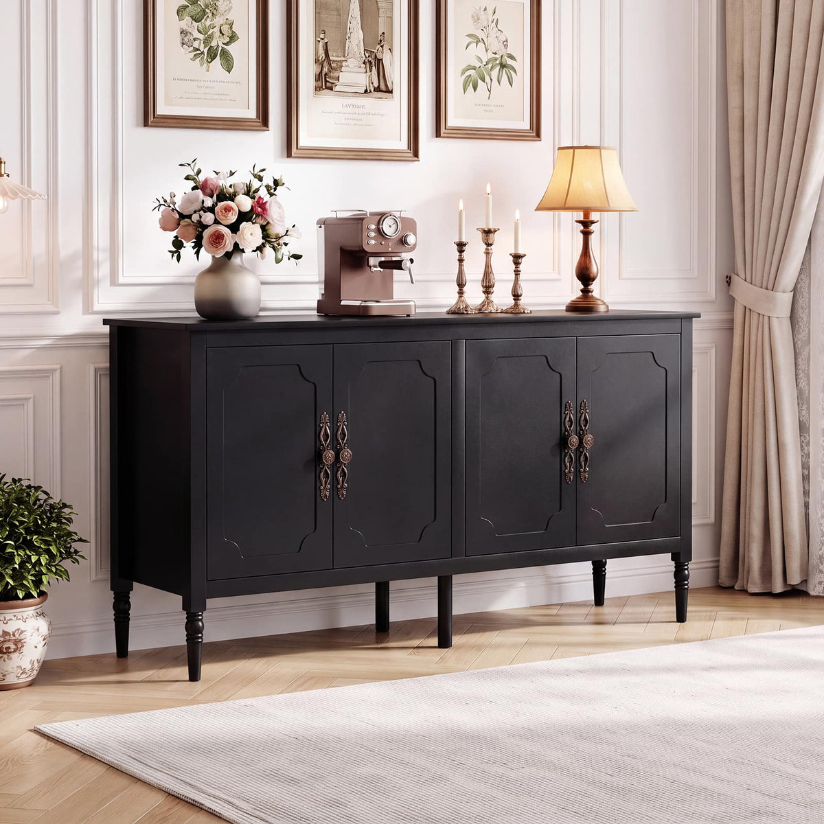 Costway - 58" Vintage Buffet Cabinet with 4 Doors & 2 Shelves, Storage, Pine Wood Legs - Black