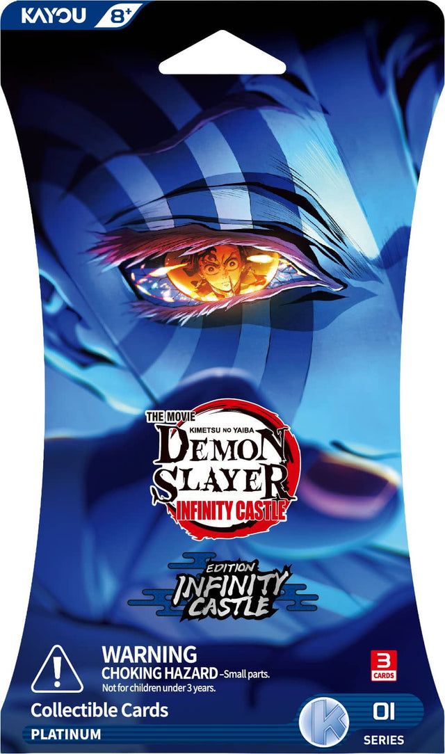 KAYOU 8+  
THE MOVIE KIMETSU NO YAIBA DEMON SLAYER INFINITY CASTLE EDITION  
WARNING! CHOKING HAZARD - Small parts. Not for children under 3 years.  
Collectible Cards PLATINUM  
3 CARDS K SERIES