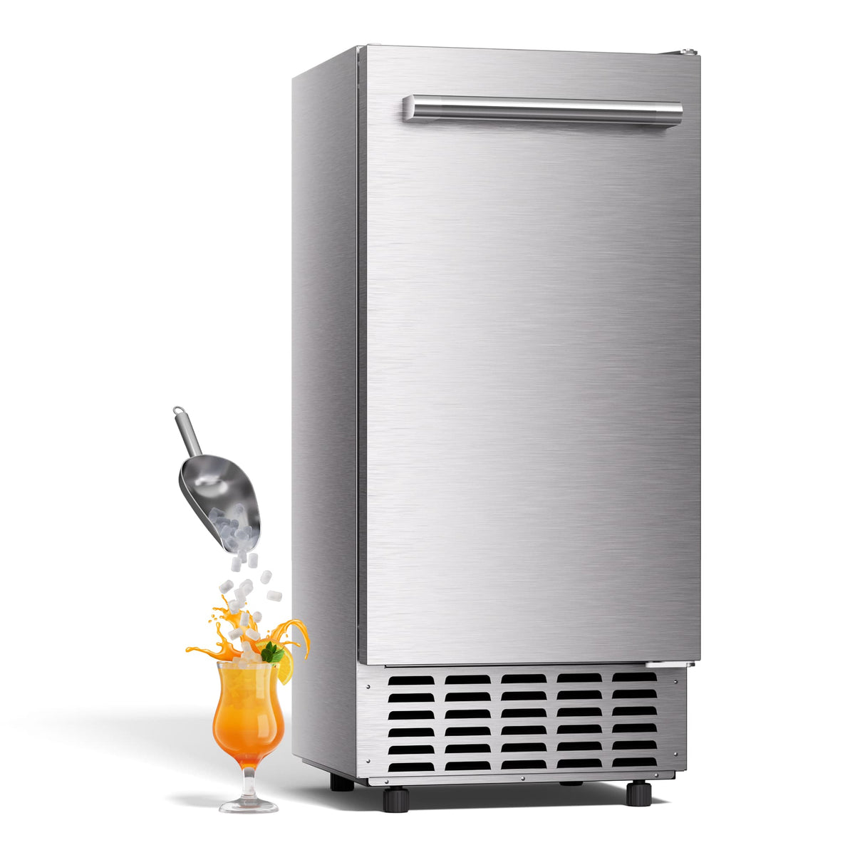 Ecozy - Under Counter Nugget Ice Maker Machine, Bulit-in Freestanding Ice Maker, 66 Lbs/Day - Silver
