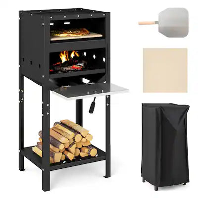 Costway - 12" Outdoor Pizza Oven with Ash Tray & Wood Storage Pizza Stone Pizza Peel