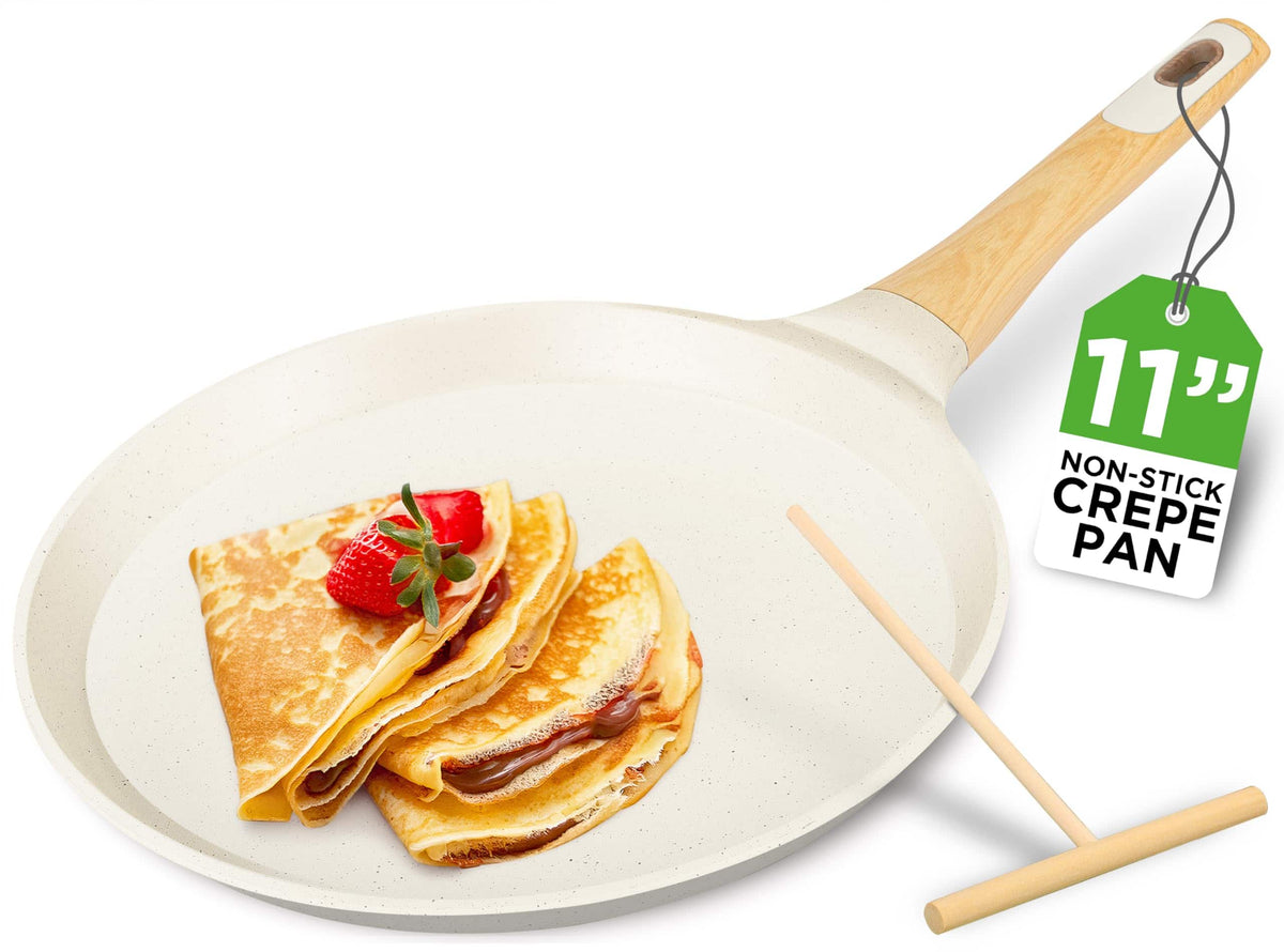 NutriChef - 9.45” Non-Stick Crepe Pan, Marble Coated, Wooden Spreader, Induction Bottom, White (NCMKCP0024WT) - Cream