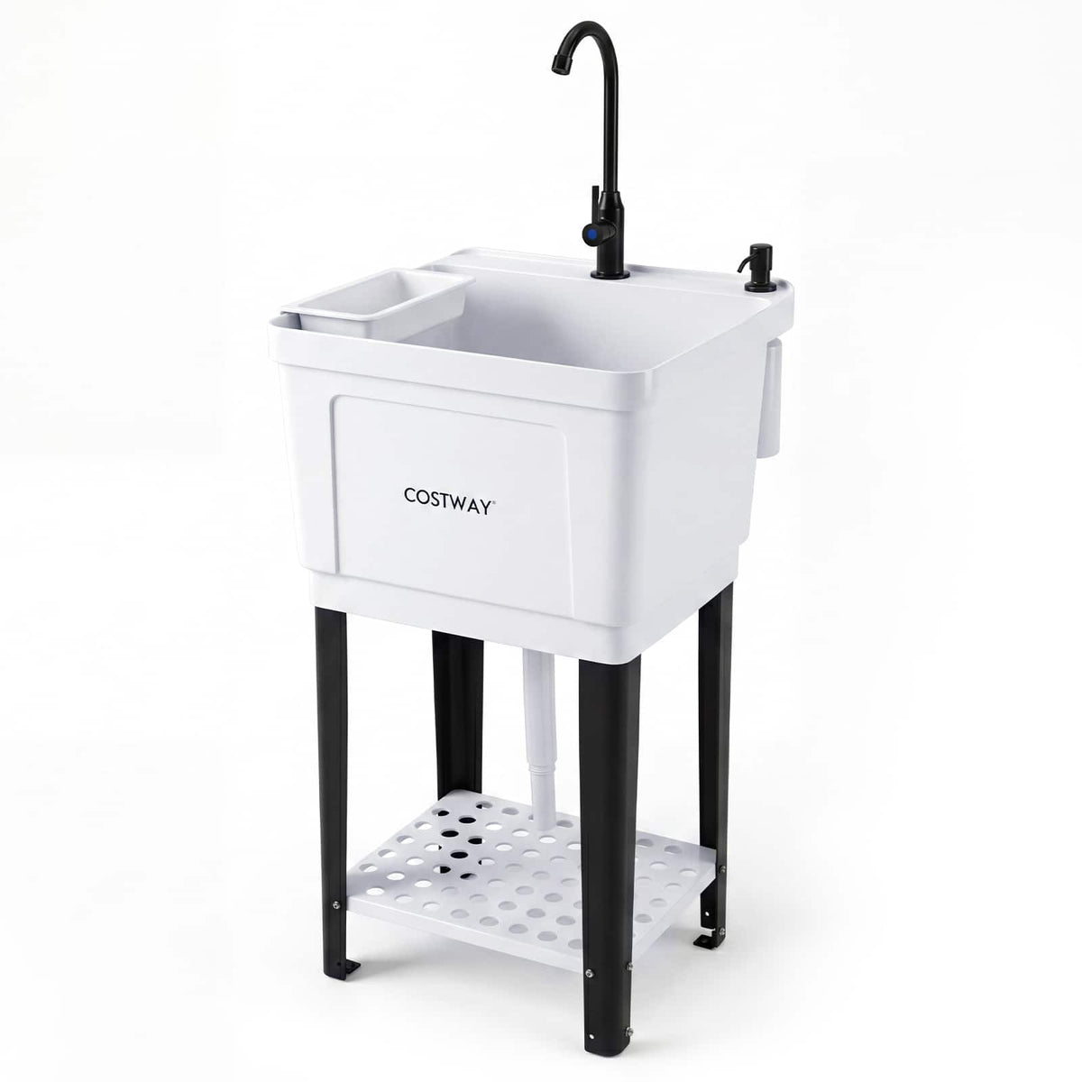 Costway - Utility Sink, Laundry Tub with Rotating Faucet, Storage Shelf, Adjustable Legs - White + Black