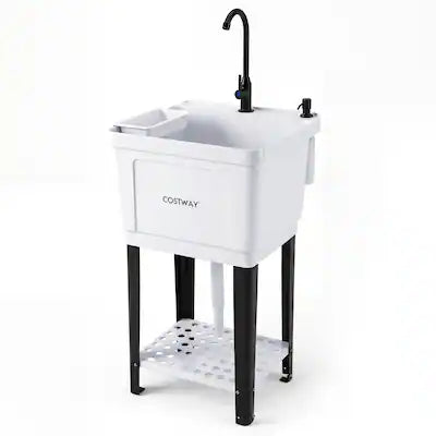 Costway - Utility Sink, Laundry Tub with Rotating Faucet, Storage Shelf, Adjustable Legs