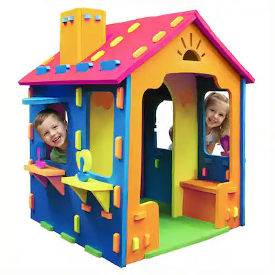 Costway - Kids EVA Foam Playhouse with Roof, Chimney, Windows & Doorways for Creative Play