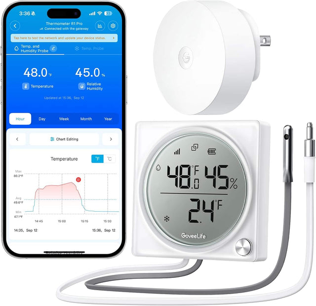 3:36  
33  
Thermometer R1 Pro  
Connected with the gateway  
Tap here to test the network and update your device status  

Temp. and Humidity Probe  
Temp. Probe  

48.0°F  
Temperature  

45.0%  
Relative Humidity  

Updated at 15:36, Sep 12  

Hour  
Day  
Week  
Month  
Year  

Chart Editing  

Temperature  
Max 80.2°F  
Avg 49.6°F  
Min 47.1°F  

14:35, Sep 12  
15:00  
15:15  
15:30  
15:36, Sep 12  

GoveeLife