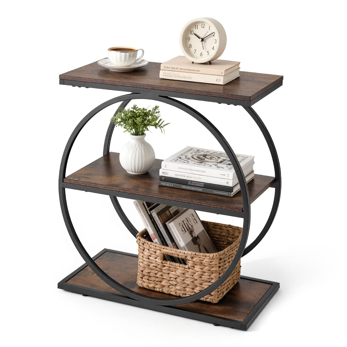 VEVOR - End Table, 3-Tier Narrow Side Table with Open Storage Shelves, Modern Nightstand Bedside Desk with Round Metal Frame - Black + Brown