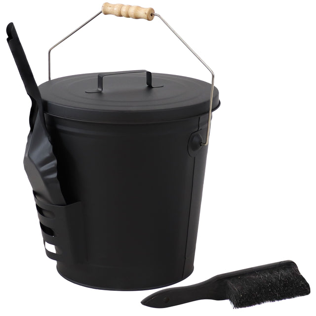 Front. Sunnydaze - Powder-Coated Steel Fireplace Ash Bucket with Lid, Shovel, Brush - Black.
