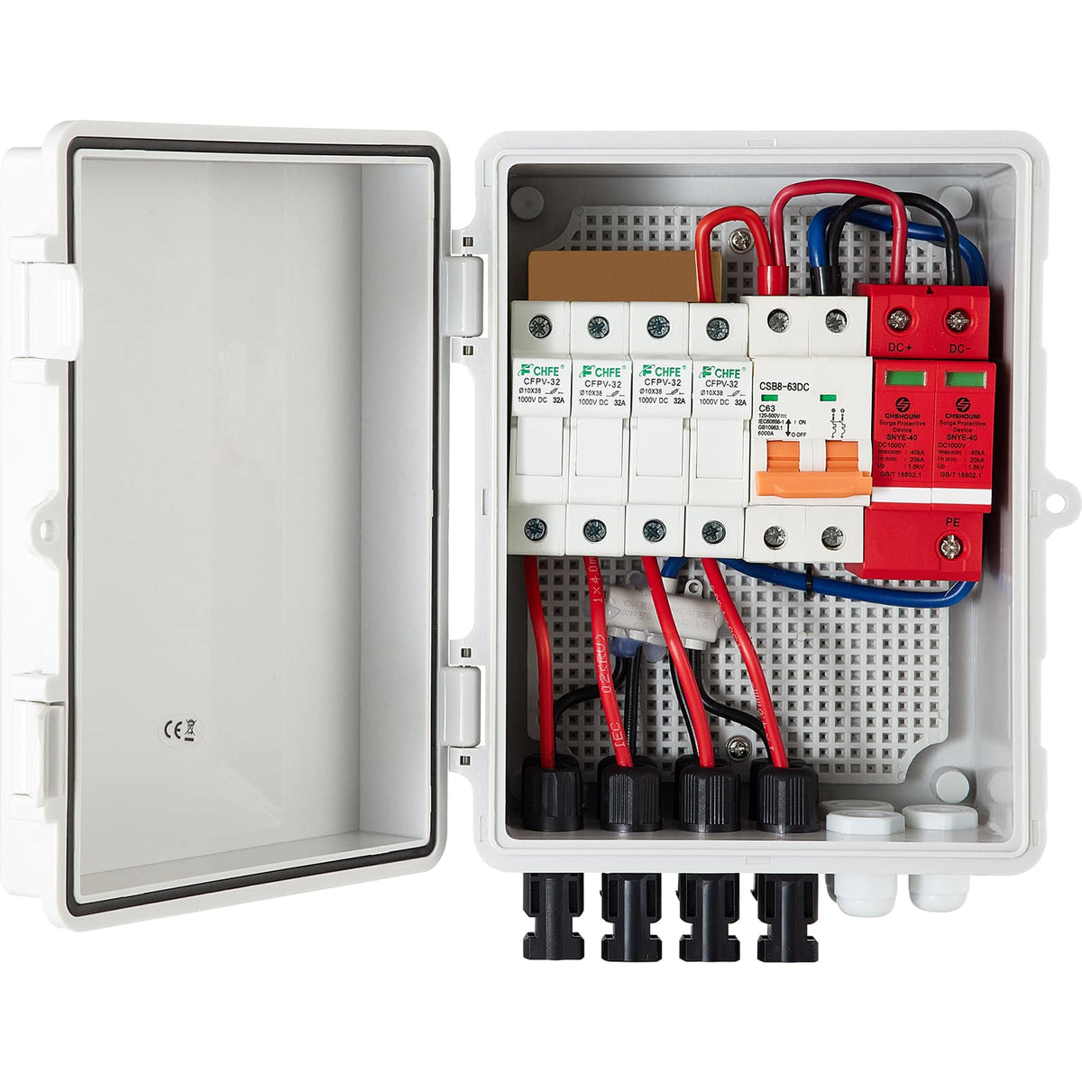 VEVOR - PV Combiner Box, 4 String, Solar Combiner Box with 15A Rated Current Fuse 63A Circuit Breaker Lightning Arrester - White