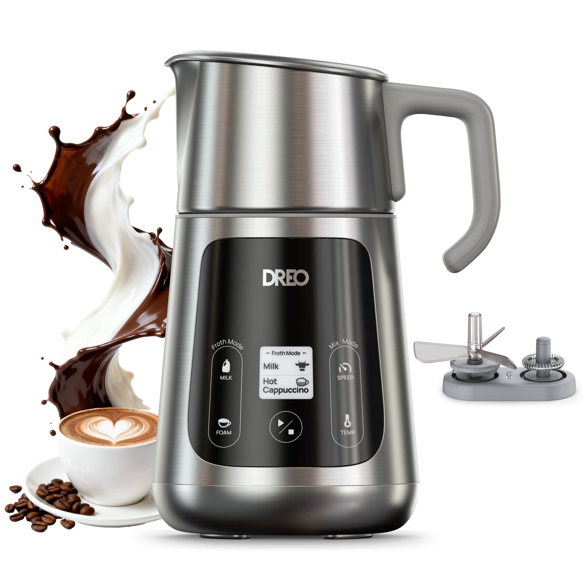 DREO - All-in-1 Electric Foam Maker Milk Frother, 30+ Drinks, Easy to Clean, Dishwasher Safe, LED display - Silver