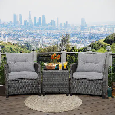 Gymax - 3PCS Patio Rattan Sofa Set Outdoor Wicker Conversation Set Glass Tabletop w/ Grey Cushion
