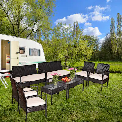 Costway - 8PCS Patio Rattan Conversation Furniture Set Cushioned Seat Glass Table