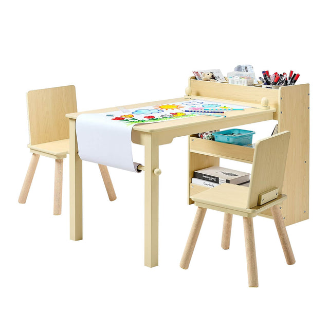 Front. VEVOR - Kids Art Table and Chair Set, Toddler Craft Table with 3 Tiers Storage Cabinet, Wooden Kids Activity Play Desk - Light Wood.