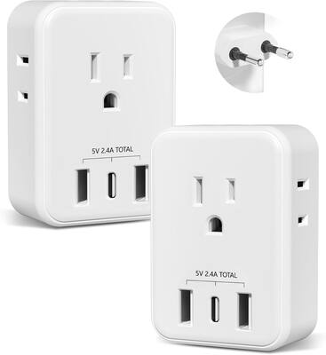BN-LINK - 2-Pack European Travel Plug Adapter, 4 Outlets & 3 USB Ports (USB-C), Type C for Europe