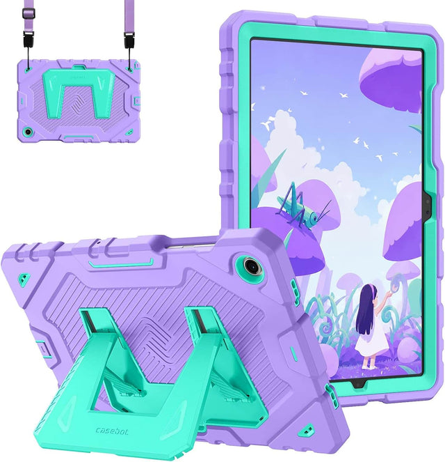 Front. Fintie - Kid-Friendly Case for Samsung Galaxy Tab A11+ / Tab A9+ 11 Inch, Shockproof Rugged Cover with Kickstand & Shoulder Strap - Purple/Green.