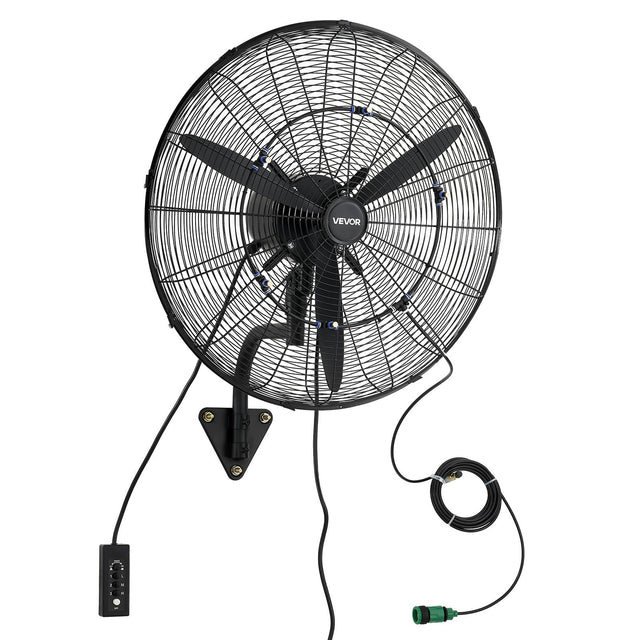 Front. VEVOR - Wall Mount Fan, 24 in Wall Mounted Hanging Fan with Oscillating & Mist, IP44-rated, 3-Speed, Powerful Air Reach - Black.