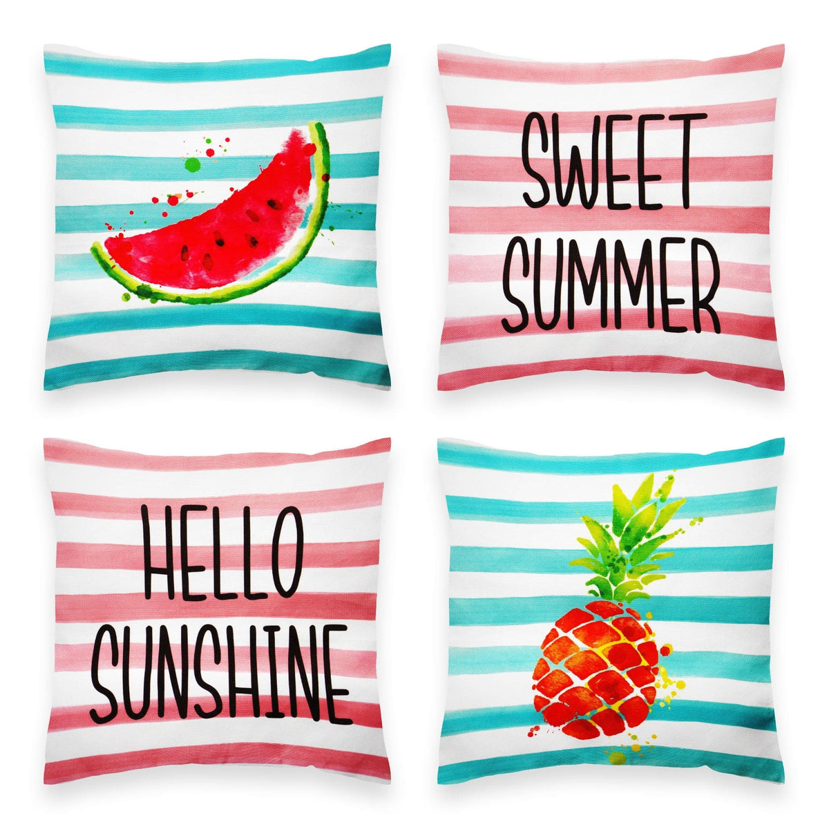 G128 - Summer Pineapple & Watermelon Waterproof Throw Pillow Covers 18 x 18 in Set of 4 - Assorted Colors