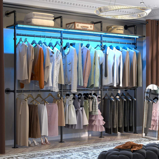 Front. Aheaplus - 118.3" Reversible Industrial Pipe Clothing Rack - Heavy Duty Garment Rack with LED Lights & Shelves for Walk-in Closet - Gray Oak.