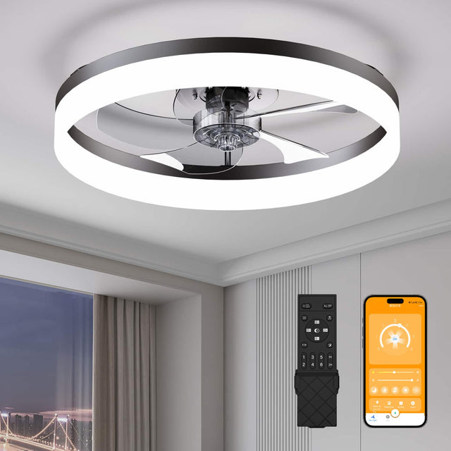 Front. Loheer - Loheer Ceiling Fan with Lights, Remote and App Control, Dimmable LED Flush Mount Black Fandelier for Bedroom.