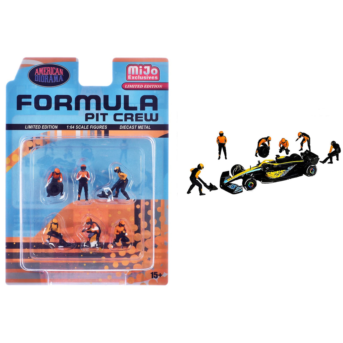 "Formula Pit Crew – Team Orange" 6 piece Diecast Figure Set (6 Figures) Ltd Ed for 1/64 Scale Models by American Diorama