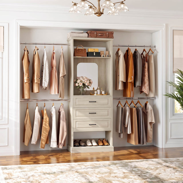 Front. Aheaplus - 26'' - 110'' W Adjustable Closet Organizer System with 3 Drawers, 4 Retractable Hanging Rods and Mirror - Beige Oak.