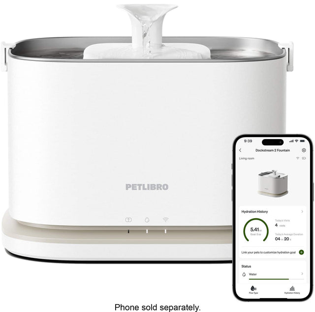 9:39  
Dockstream 2 Fountain  
PETLIBRO  

Hydration History  
Today's Visits: 4  
Today's Average Duration: 04m 20s  
5.41m (Goal: 5 oz)  

Link your pets to customize hydration goal  

Status  
Water  
Flow type  
Hydration history  

Phone sold separately.
