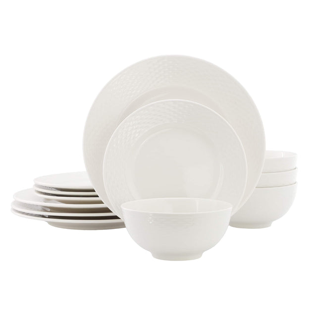 Front. Elama - Elama Gemma 12 Piece Stoneware Dinnerware Set in White - White.