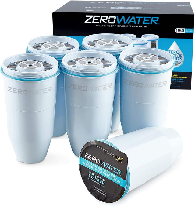 ZERO WATER  
THE SCIENCE OF THE PUREST TASTING WATER  

5 STAGE FILTERED  
ZERO SOLVED LIDS NEEDED  

ZERO WATER  
ZERO WATER  
ZERO WATER  

PULL HERE  
ZERO WATER  
WITH PURIFIED WATER  
MAY BE PRESENT INSIDE CAP  

ZERO WATER  
PREMIUM CONDENSATION RINSED  
TO SAVE  
ZERO WATER  
ONLINE FILTERS AT  
ZEROWATER.COM  

LEAD  
CHLORINE  
CHLORINE  
CHLORINE