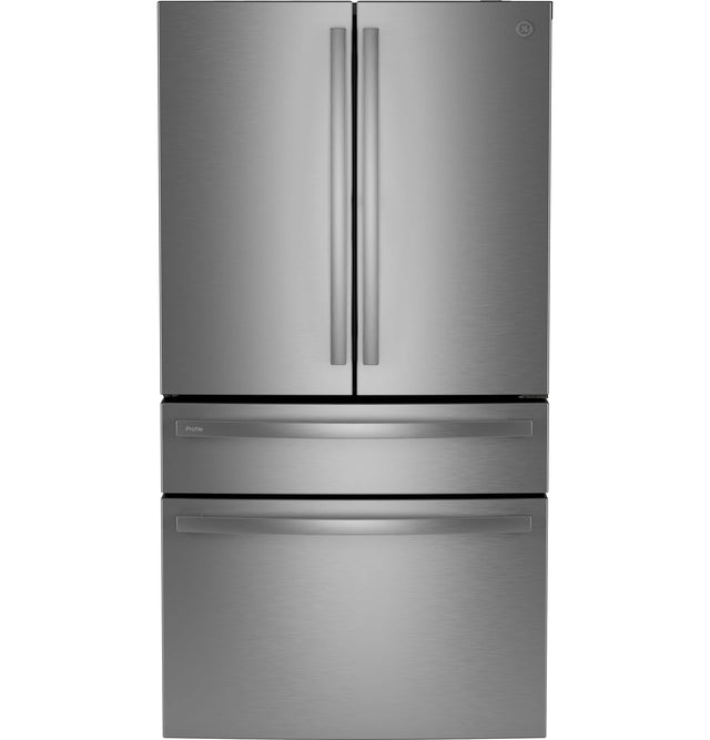 Front. GE Profile - 36 IN. Wide 23.3 Cu. Ft. 4-Door French Door Counter-Depth Smart Refrigerator w/ Dual-Dispense Auto-Fill Pitcher - Stainless Steel.