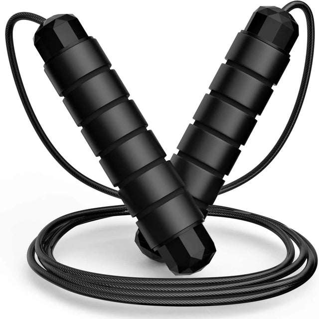 Front. Core Tech - Adjustable Speed Jump Rope with Ball Bearings, Tangle-Free Steel Cable and Foam Handles for Fitness Training - Black.