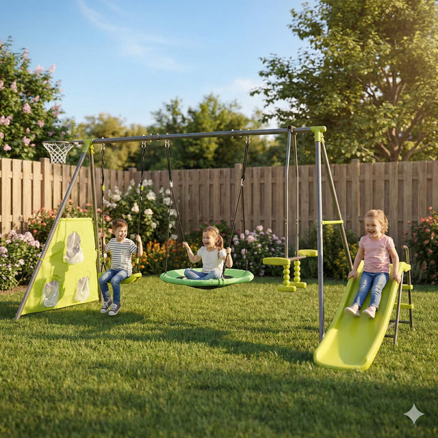 Front. Loheer - 12.7 ft Outdoor Swing Set with 31.5 in Net Swing, Mini Slide and Sports Play for Kids - Green.