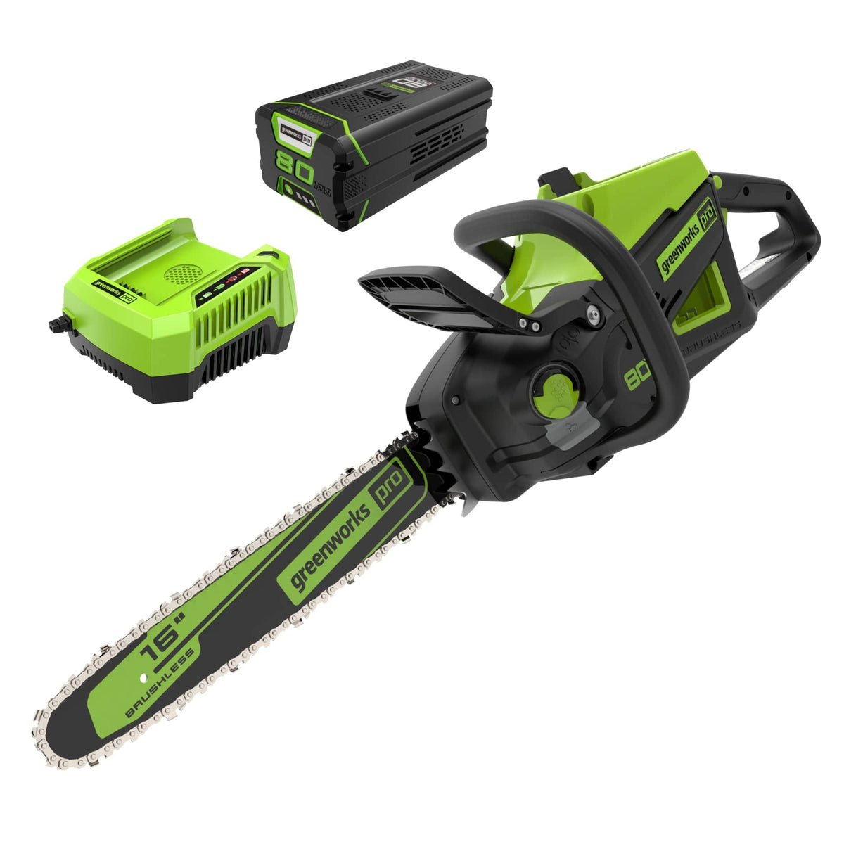 Greenworks - 80 Volt 16” 2kW Chainsaw with 4.0 Ah Battery and Charger - Green