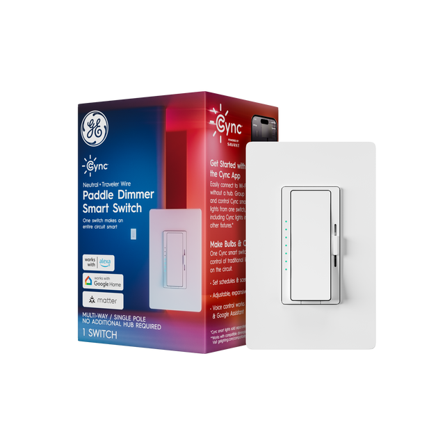 GE Cync - SANANT Cync Neutral Traveler Wire Paddle Dimmer Smart Switch

One switch makes an entire circuit smart

Get Started with the Cync App
Easily connect without a hub. Group and control Cync lights from one switch including Cync lights and other fixtures*

Works with Alexa, Google Home, Matter

MULTI-WAY / SINGLE POLE
NO ADDITIONAL HUB REQUIRED
1 SWITCH

Make One Cync Control Work on the Entire Circuit
- Set schedules & scenes
- Adjustable dimming
- Voice control works with Google Assistant

One switc