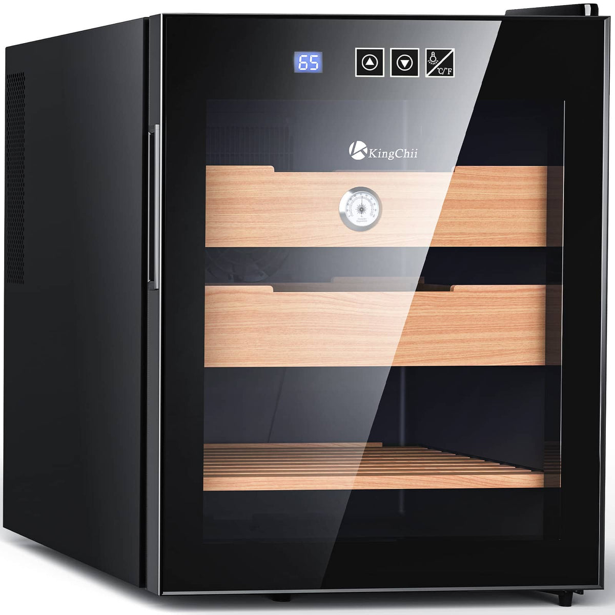 KingChii - 48L Cigar Humidor with Temperature Control, Spanish Cedar Shelves and Hygrometer(350 Capacity) - Black