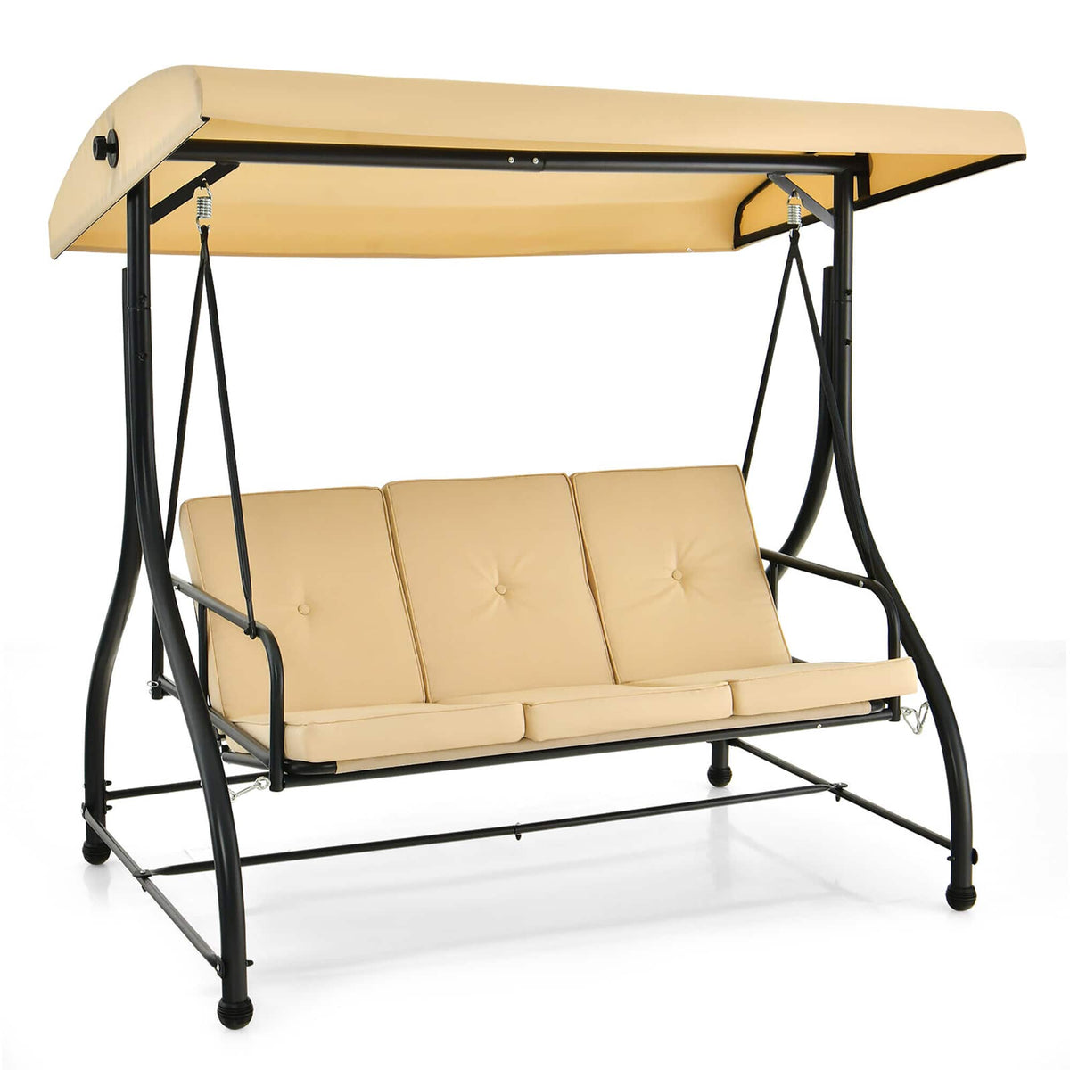 Gymax - 3-Seat Outdoor Converting Patio Swing Glider Adjustable Canopy Porch Swing - Beige