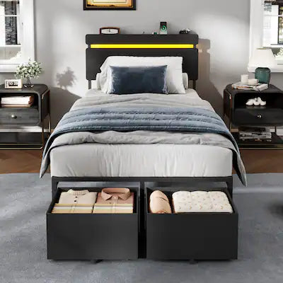 Furnulem - Platform Bed with 2 Drawers and Open Storage Headboard Adjustable LED Light and Charging Station