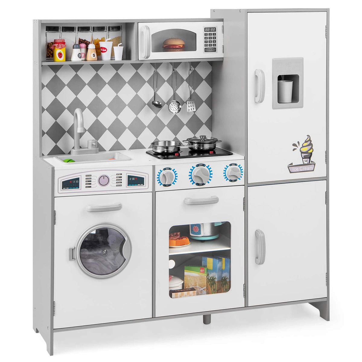 Costway - Kids Kitchen Playset with Realistic Lights & Sounds Ice Maker Stoves Sink Oven - White