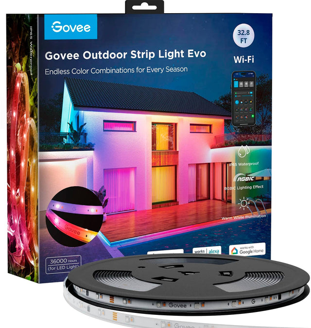 Govee Outdoor Strip Light Evo is a Wi-Fi enabled, IP65 waterproof lighting solution that offers endless color combinations for every season. It features a 32.8 FT long strip with 36000 hours of warm white illumination. The Govee W1 1 G works with both Alexa and Google Home, making it a versatile and convenient lighting option for outdoor spaces.
