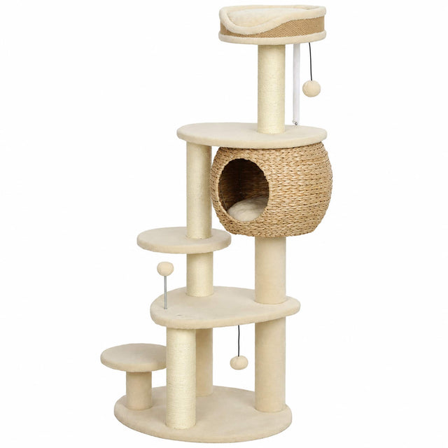 Front. Pawhut - 52" Cat Tree, Cat Tower with Handwoven Cattail Condo, Bed, Platforms - Beige.