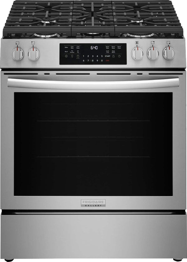 Frigidaire - Gallery 30 in. Wide 5 burners 5.1 Cu. Ft. Slide-in Gas Total Convection Range with Air Fry and Steam Clean - Stainless Steel