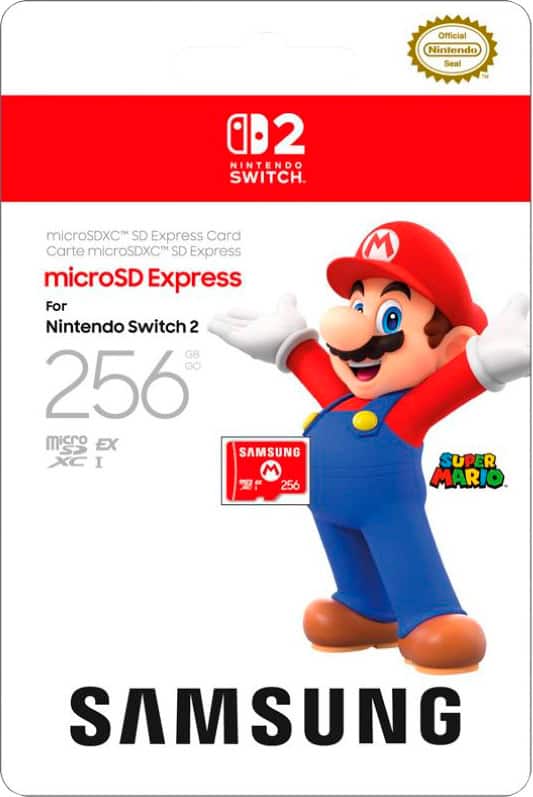 The image features a Samsung advertisement with a cartoon character, possibly Mario, wearing a blue hat and red overalls. The advertisement is promoting a Nintendo Switch microSDXC SD Express card, which is compatible with the Nintendo Switch gaming console. The card is designed to enhance the gaming experience by providing additional storage for games and other content. The advertisement emphasizes the card's capacity, as it is a 256 GB card, and its compatibility with the Nintendo Switch gaming console.