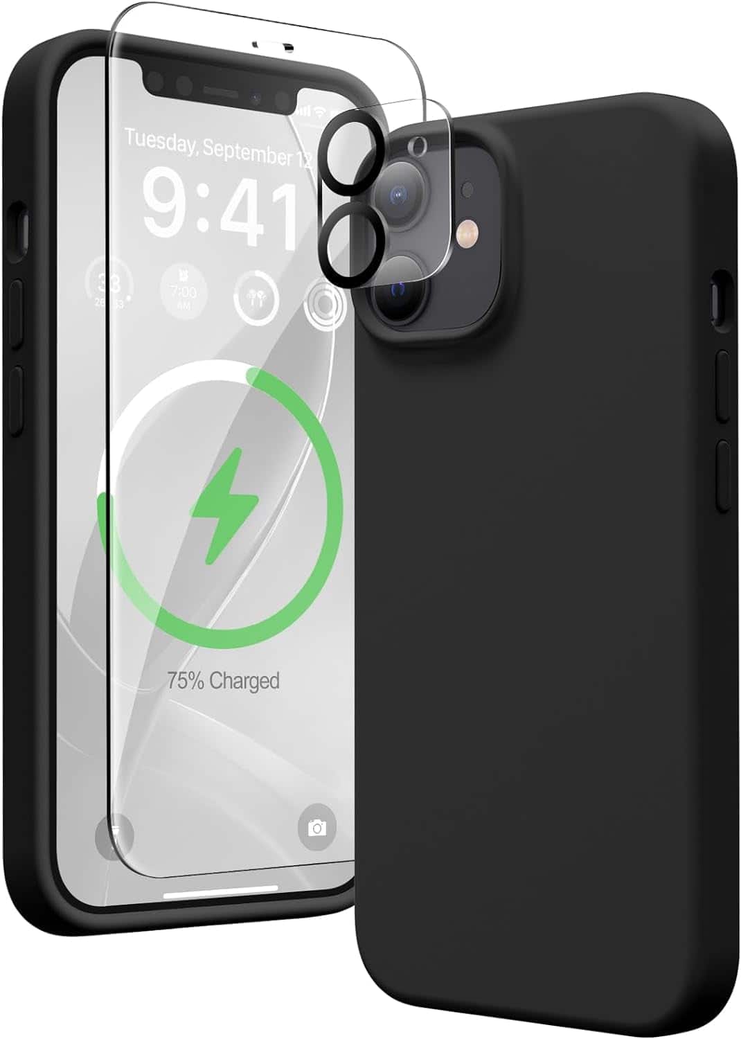 Bundle - Entronix - iPhone 12: Liquid Silicone Case with Screen & Camera Lens Protectors - Black